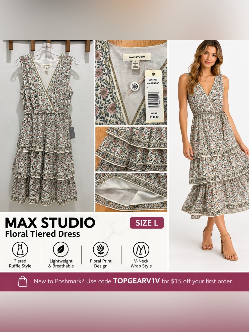 Max Studio Floral Tiered V-Neck Dress Size L NWT